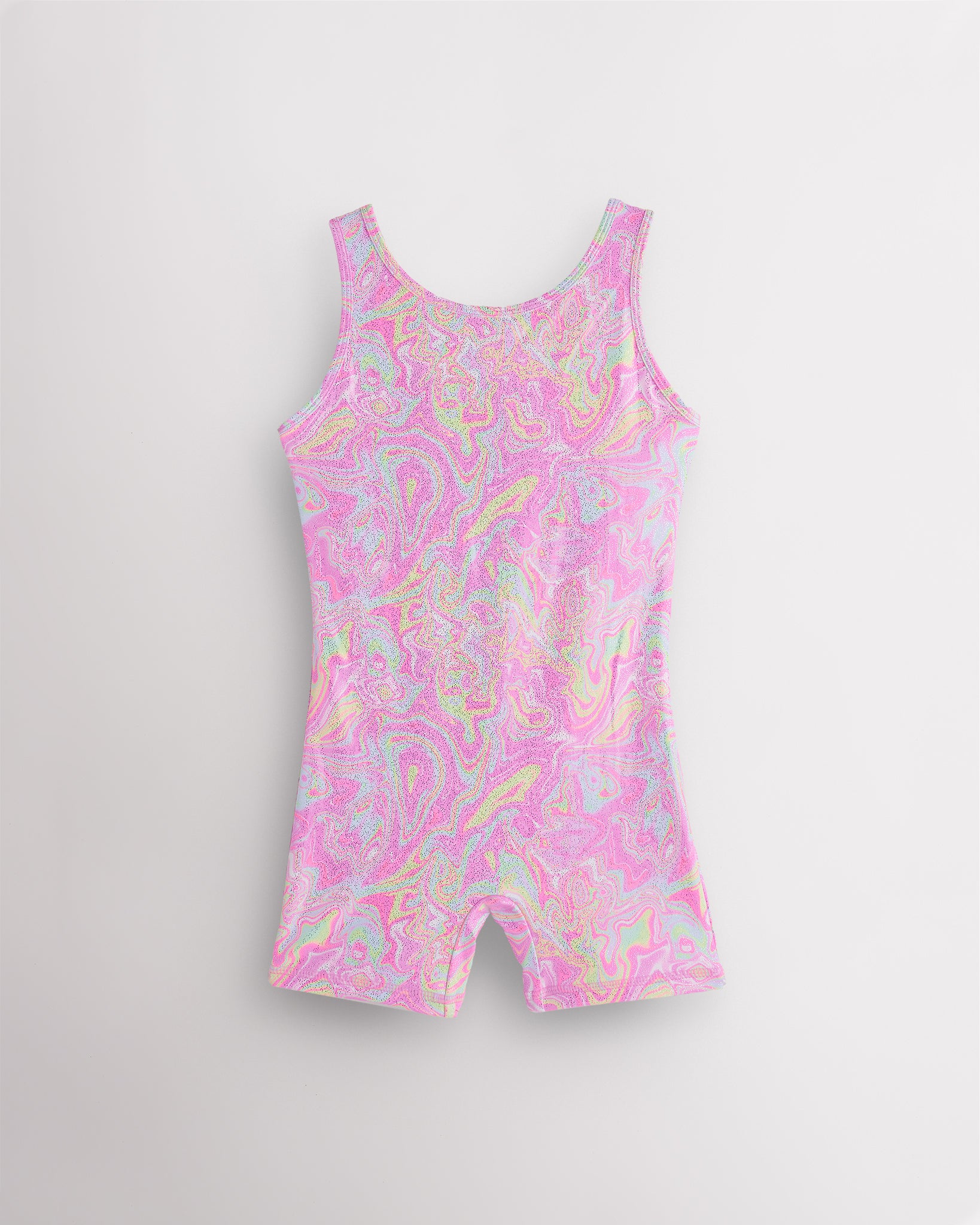 Color Swirl girls gymnastics unitard with built-in shorts, sleeveless tank design, round neckline, and playful in-house print.