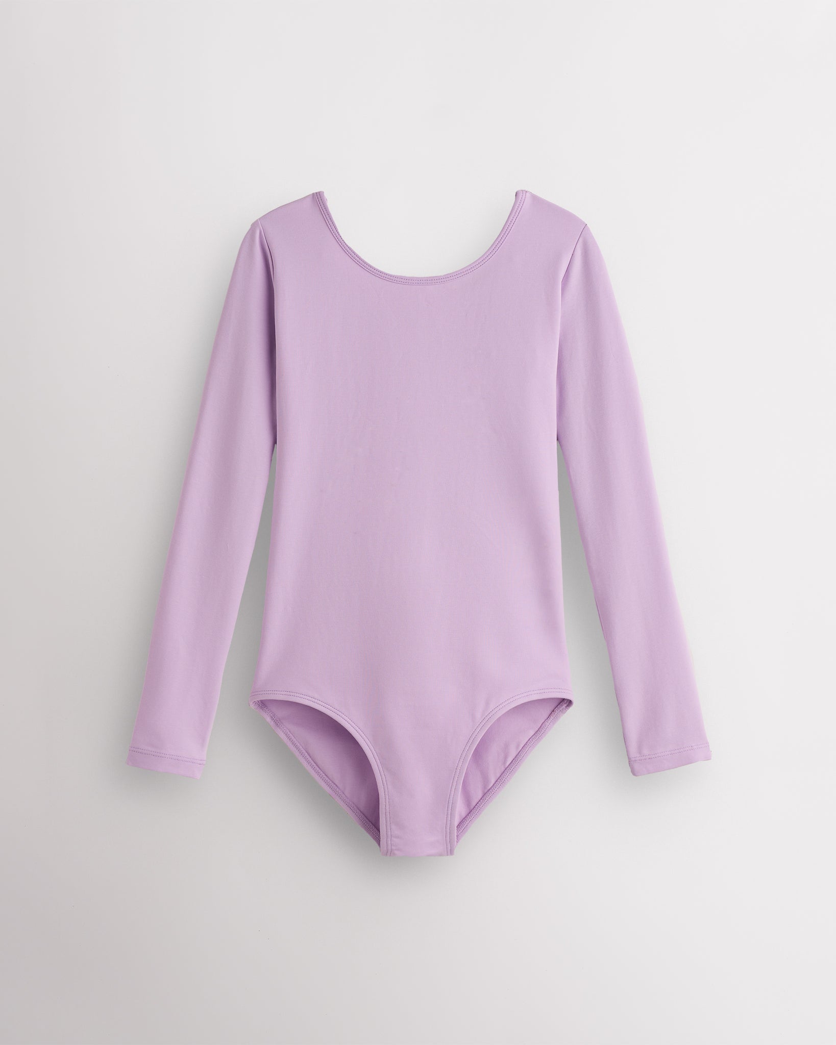 Lavender girls long sleeve cotton leotard with round neckline, fitted silhouette, and front lining for ballet and dance.