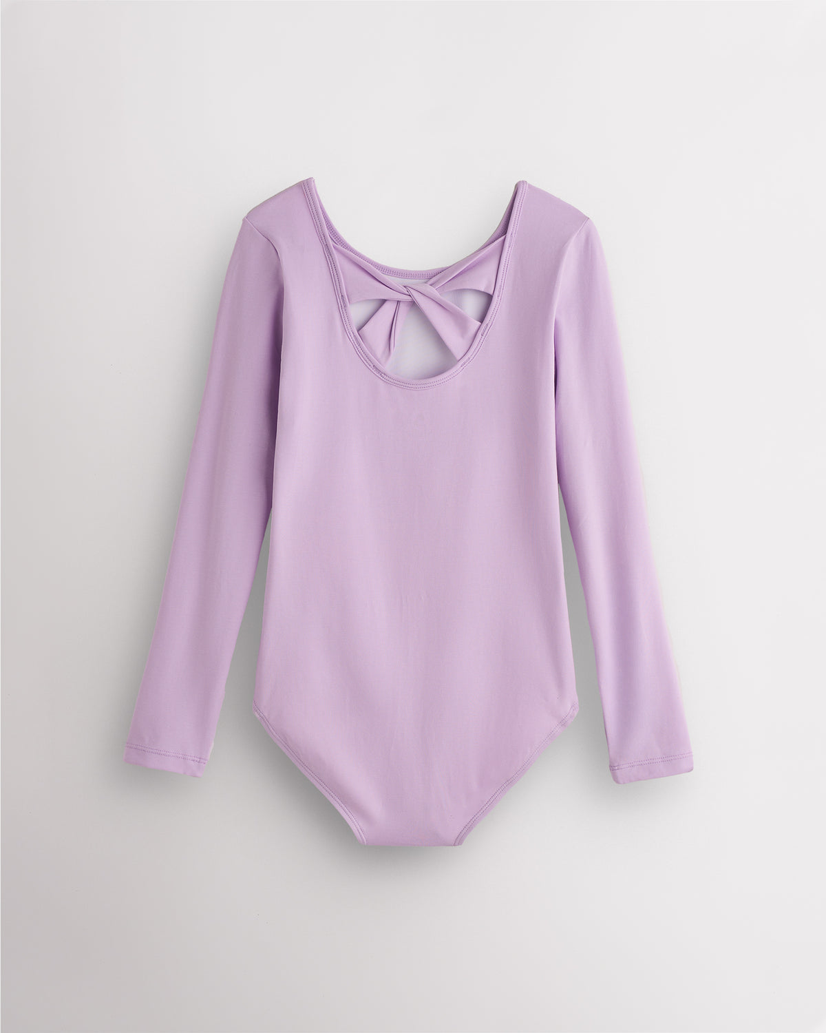 Back view of lavender long sleeve leotard for girls with twist-back bow detail and soft cotton fabric.