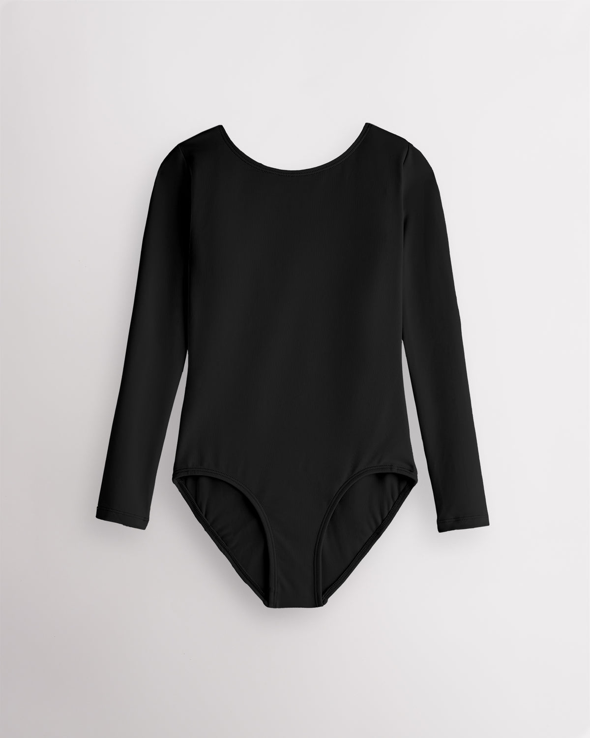 Black girls long sleeve ballet leotard laid flat with round neckline, fitted silhouette, and front lining.