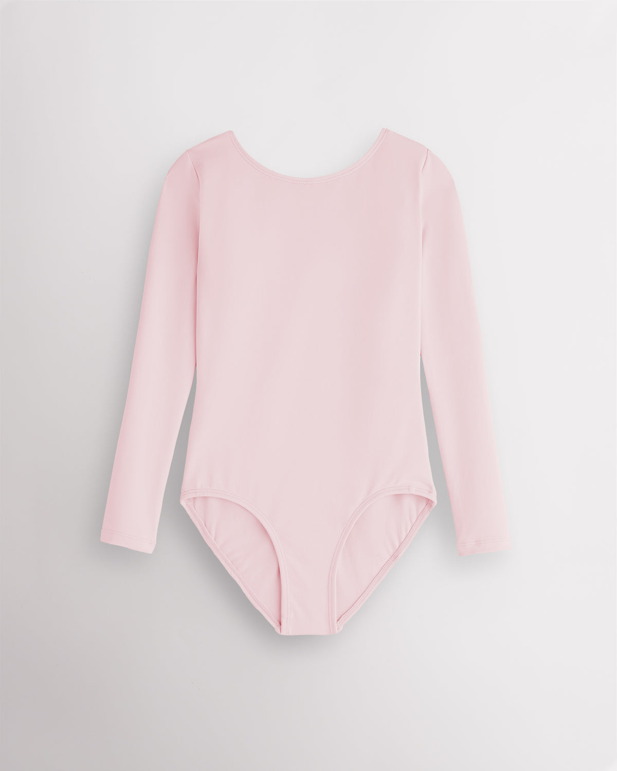 Ballet Pink girls long sleeve ballet leotard laid flat with round neckline, fitted silhouette, and front lining.