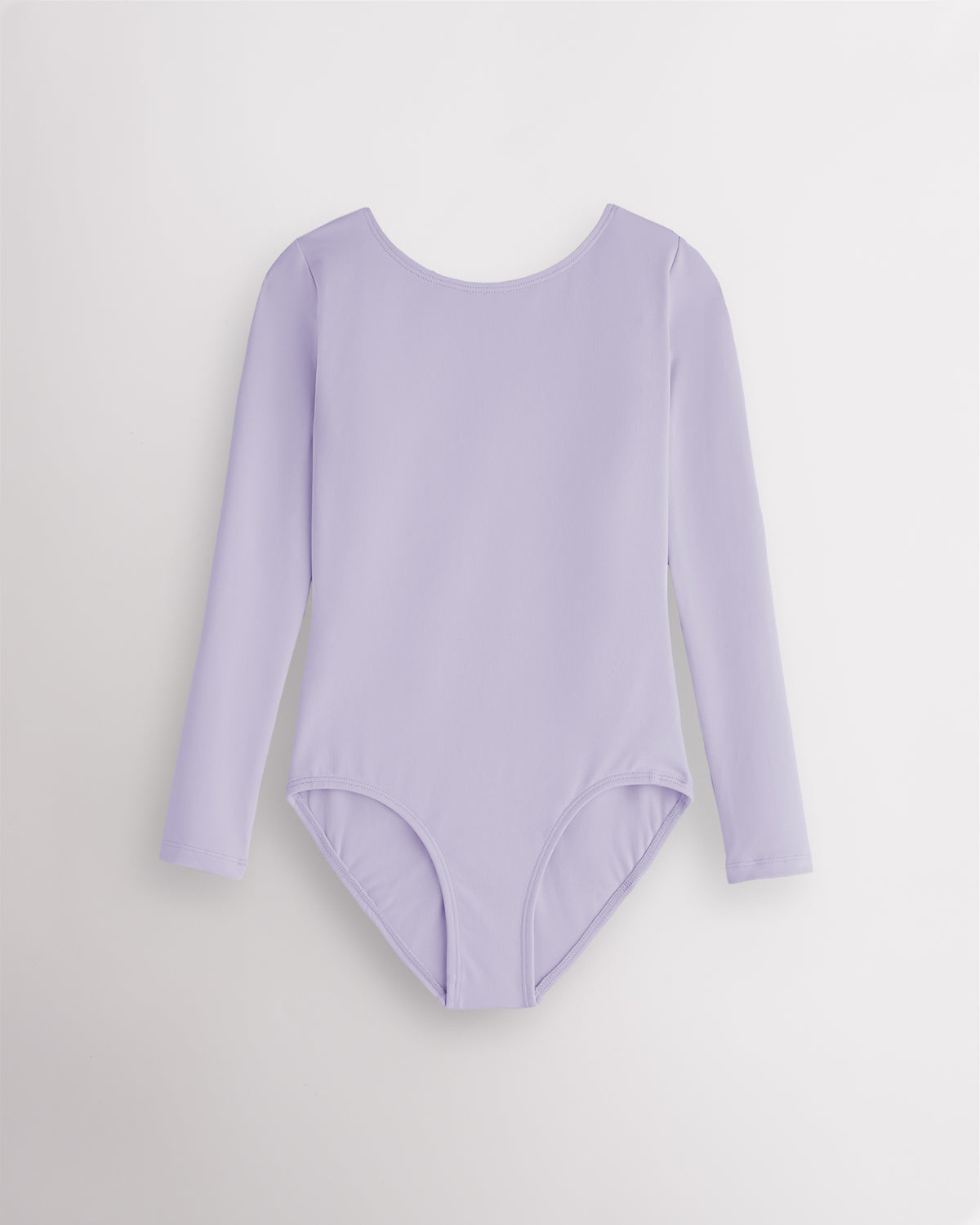 Lavender girls long sleeve ballet leotard laid flat with round neckline, fitted silhouette, and front lining.
