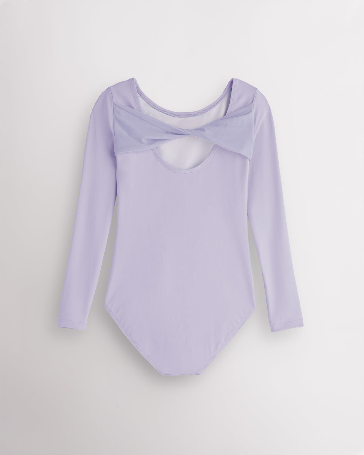 Back view of Lavender dance leotard for girls laid flat with twisted mesh detail and scoop-back opening.