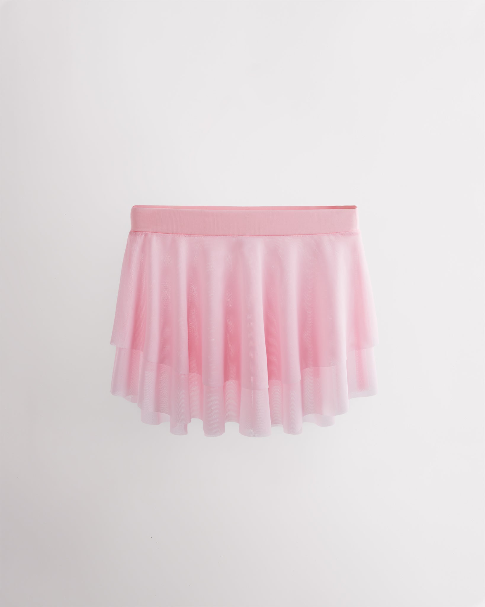 Ballet Pink girls ballet mesh tiered skirt with double-layer mesh, elastic waistband, and curved hem for a flowy silhouette.
