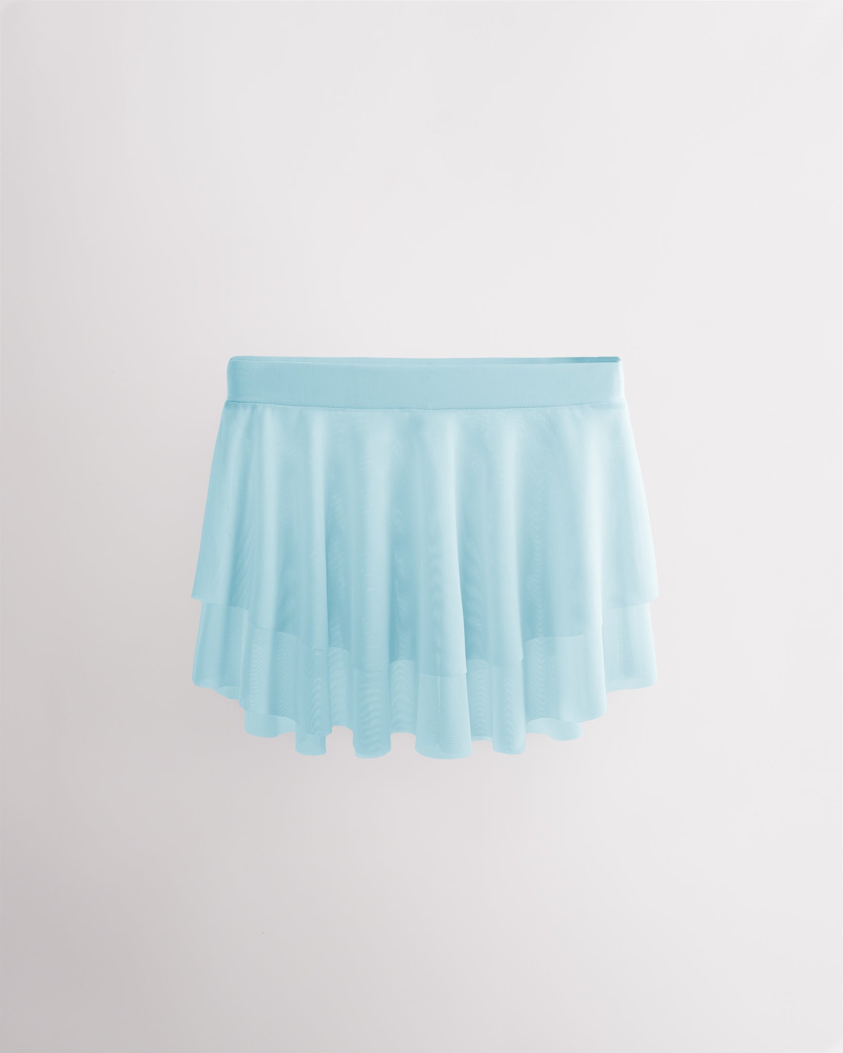 Light Blue girls ballet mesh tiered skirt with double-layer mesh, elastic waistband, and curved hem for a flowy silhouette.