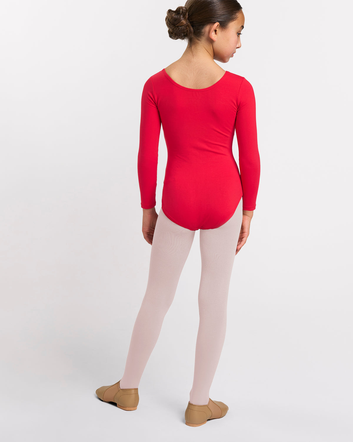 Back view of girl wearing a red long sleeve ballet leotard with ballet pink tights and tan ballet shoes.
