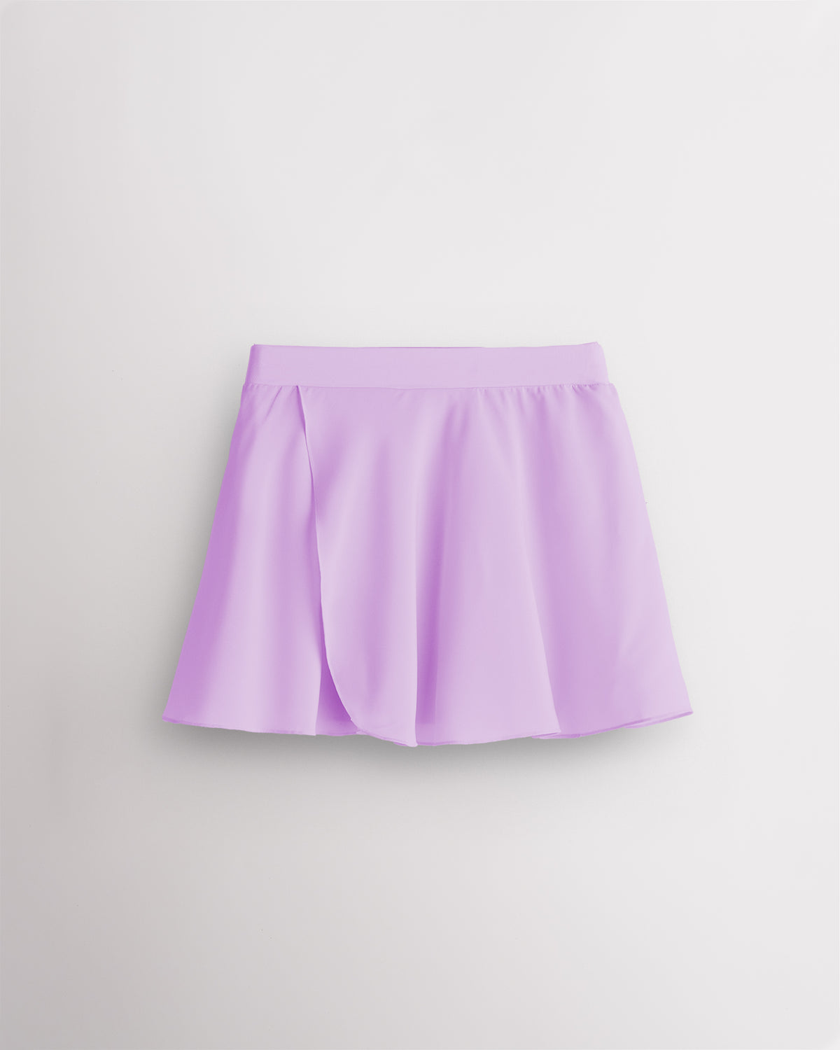 Lavender girls pull-on chiffon skirt laid flat with faux-wrap silhouette and elastic waistband.