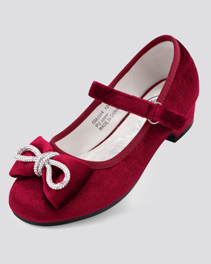 Burgundy Girls Classic Mary Jane Shoes | Velvet Heels with Crystal Bows