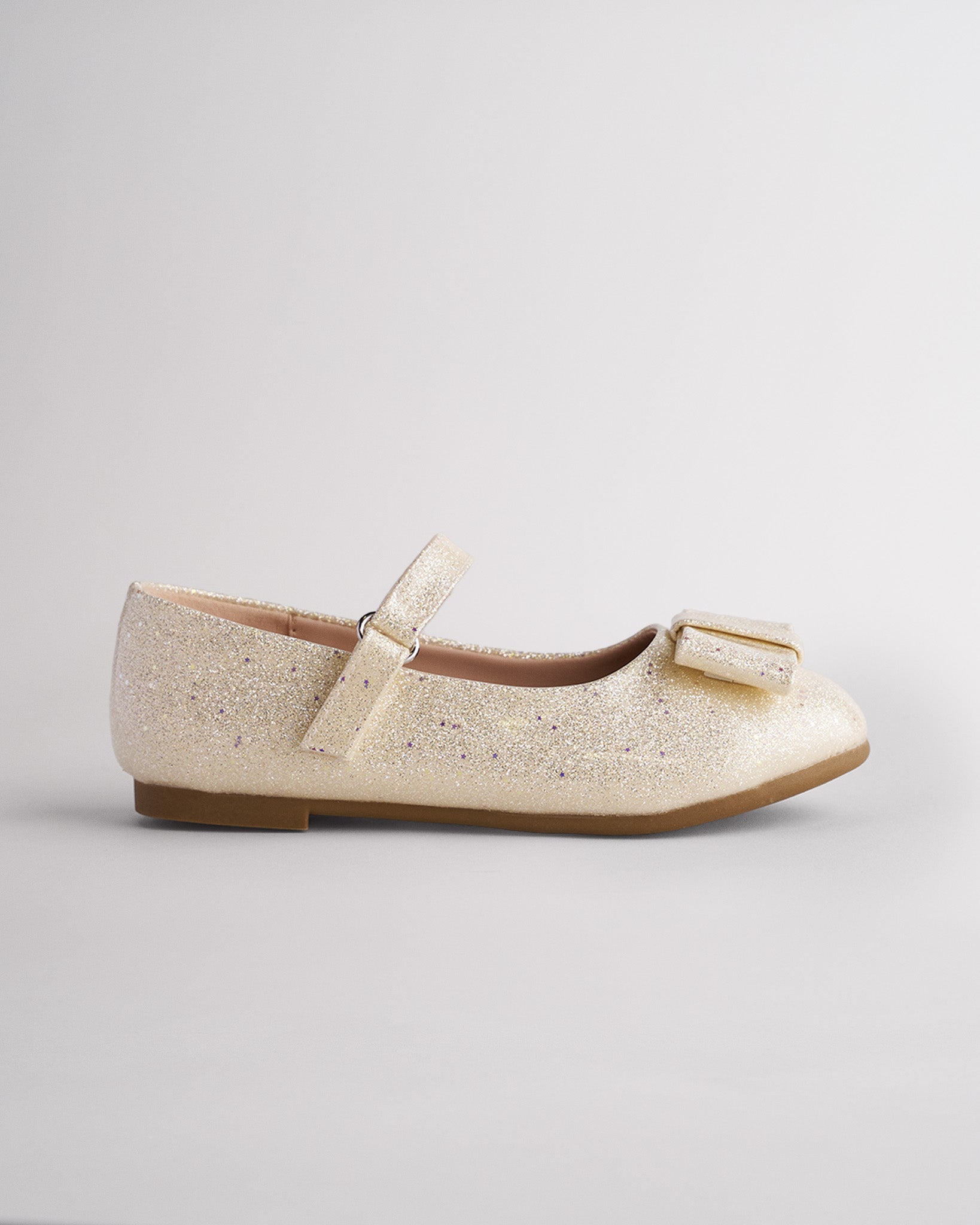 Girls Faux Leather Mary Jane Shoes with Bows in Champagne Glimmer