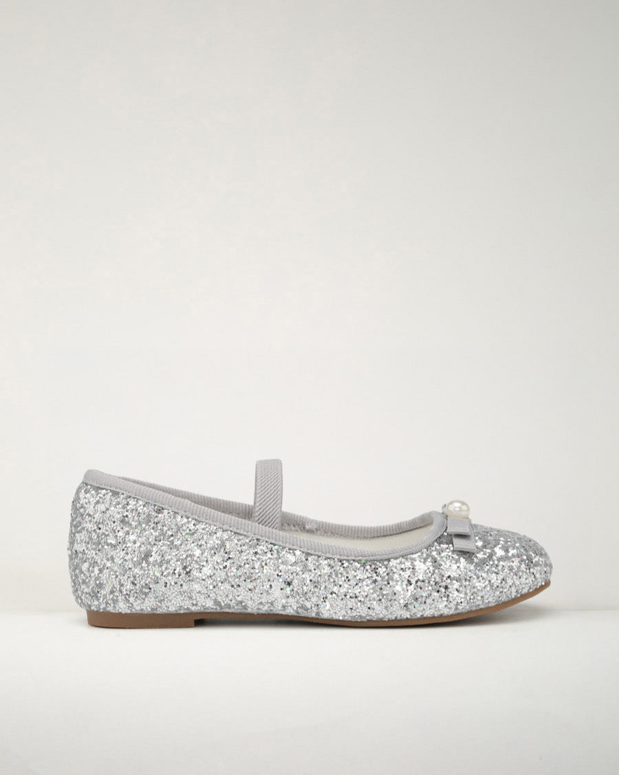 Silver Girls Glitter Ballet Flats with Strap