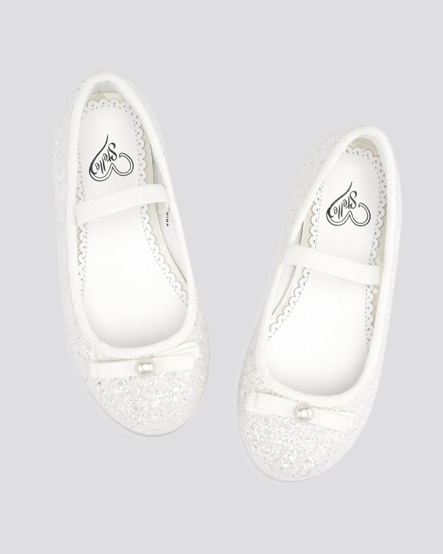White Girls Glitter Ballet Flats with Strap