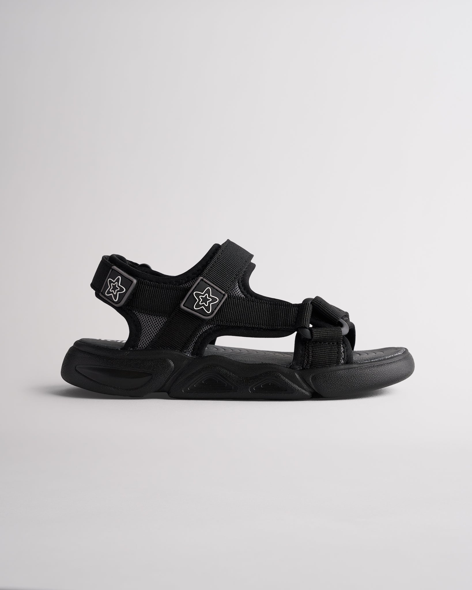 Black kids sandals with triple adjustable straps and lightweight cushioned sole