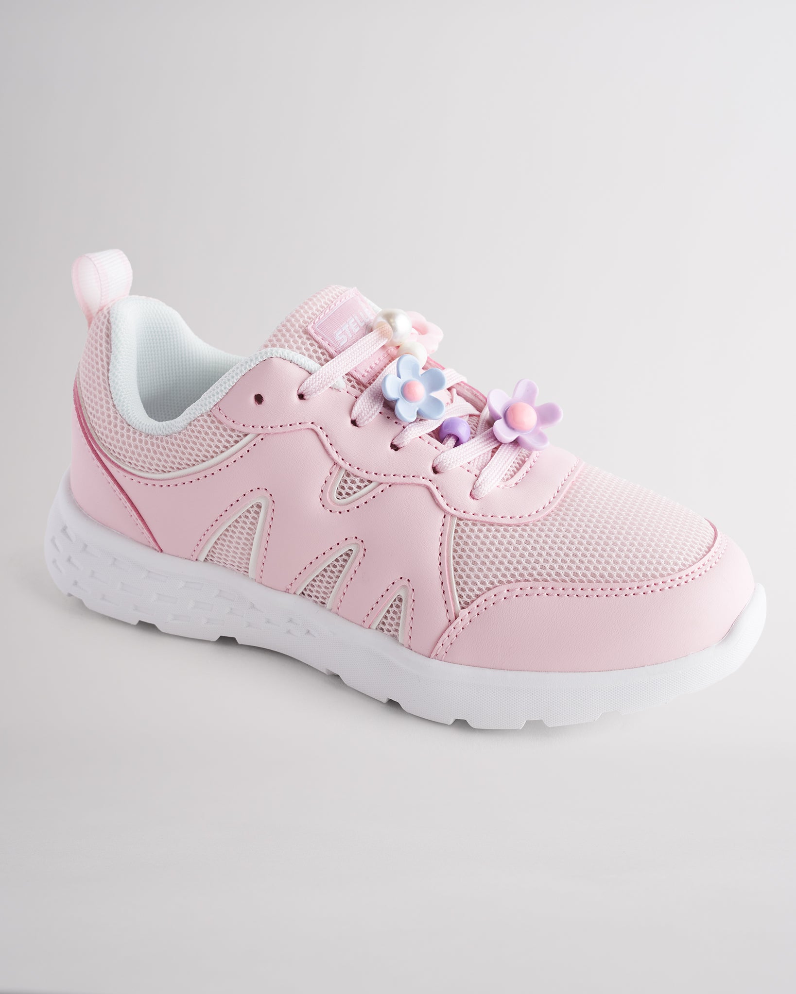 Pink lightweight kids’ sneakers with breathable mesh uppers, a cushioned insole, and a durable outsole.
