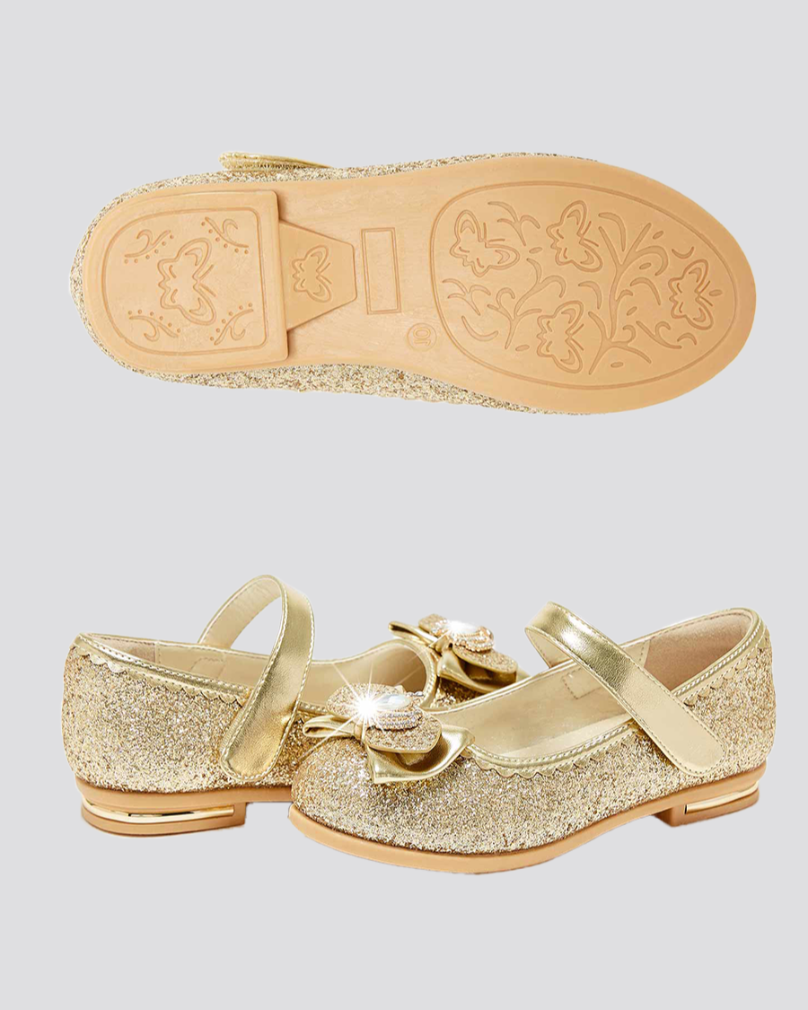 Gold Girls Crown Glitter Low Heel Mary Jane Dress Shoes