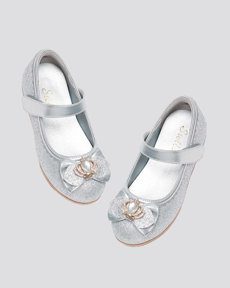 Silver Girls Crown Glitter Low Heel Mary Jane Dress Shoes