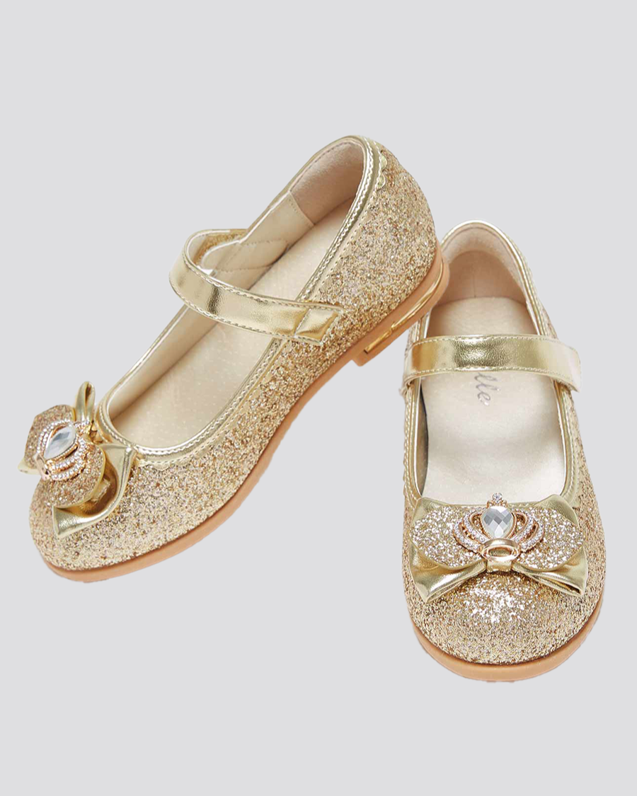Gold Girls Crown Glitter Low Heel Mary Jane Dress Shoes