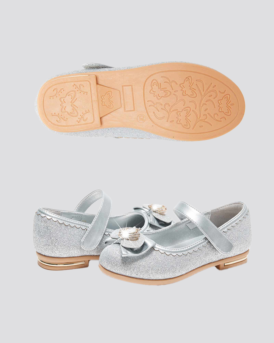 Silver Girls Crown Glitter Low Heel Mary Jane Dress Shoes