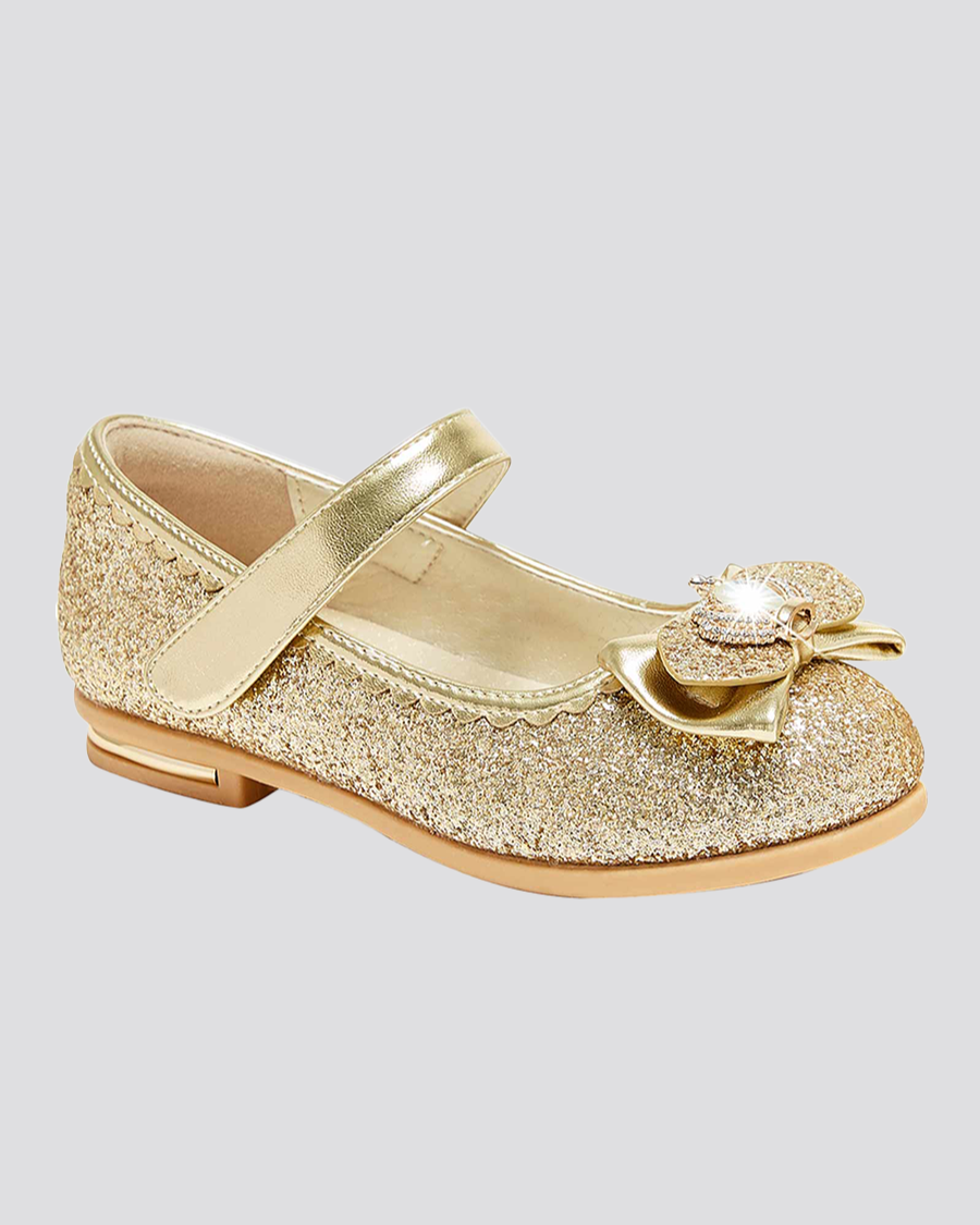 Gold Girls Crown Glitter Low Heel Mary Jane Dress Shoes