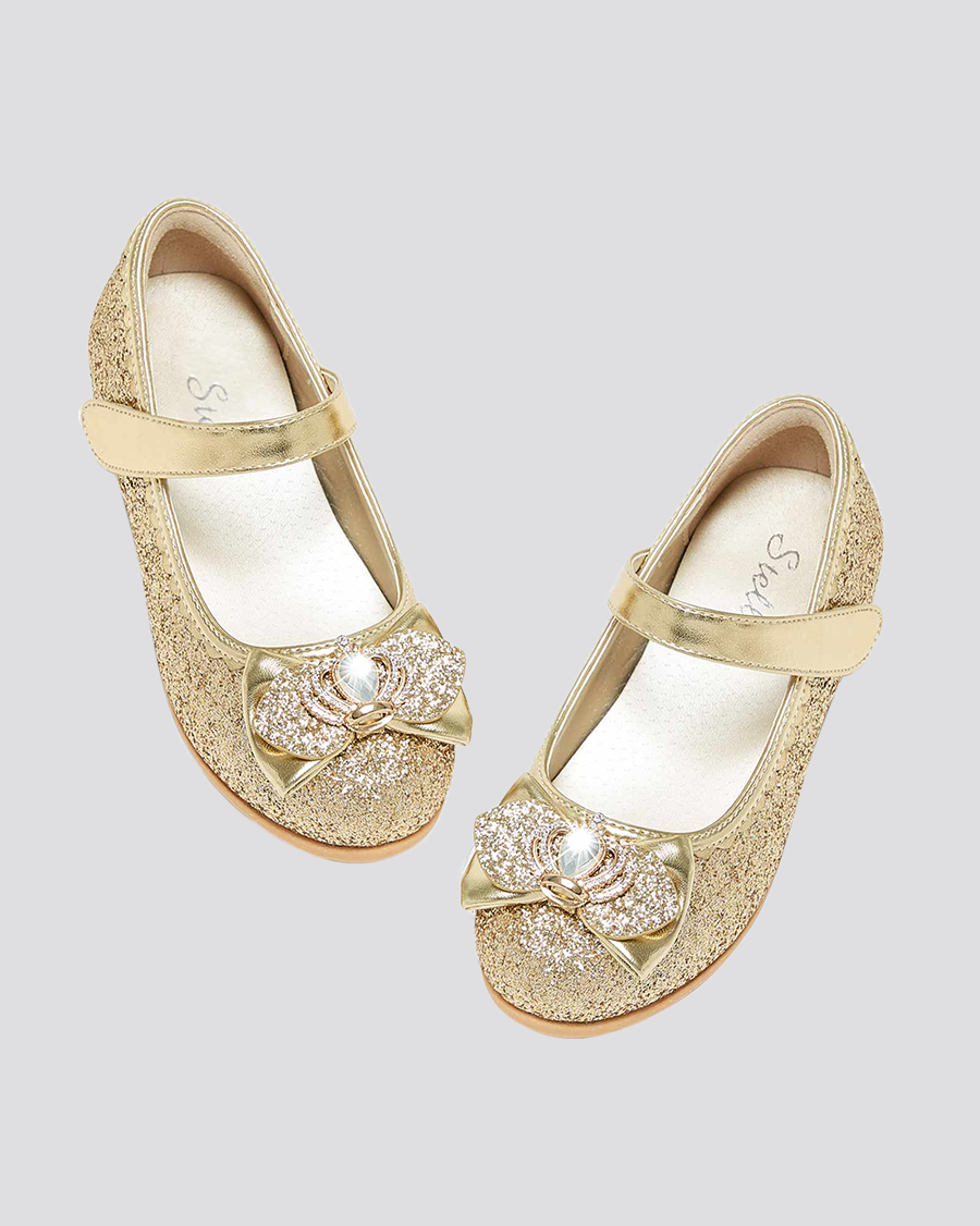 Gold Girls Crown Glitter Low Heel Mary Jane Dress Shoes
