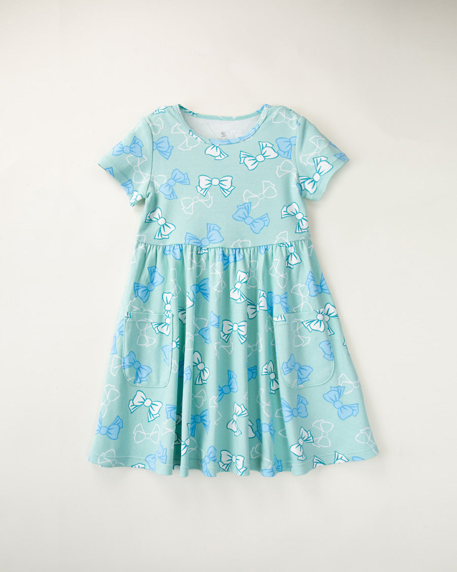 Mint Bow Girls Printed Cotton Skater Dress