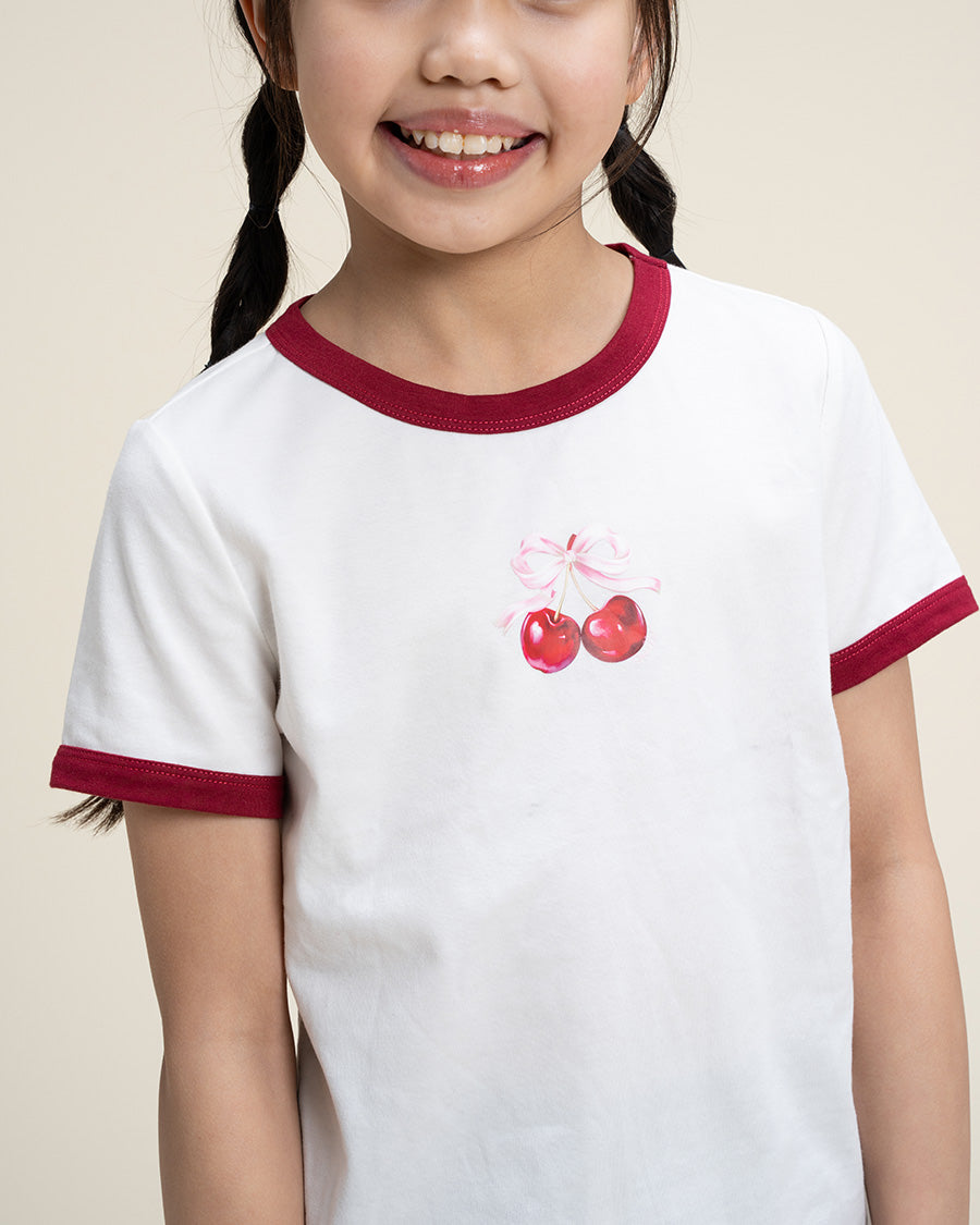 White Kids Cherry Print Ringer Tee