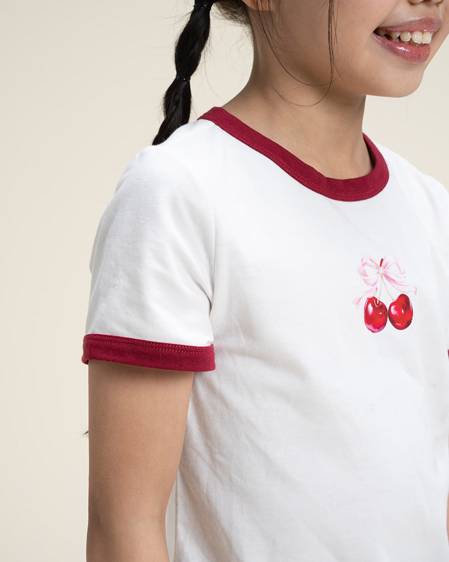 White Kids Cherry Print Ringer Tee