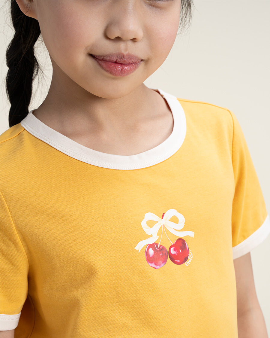 Yellow Kids Cherry Print Ringer Tee