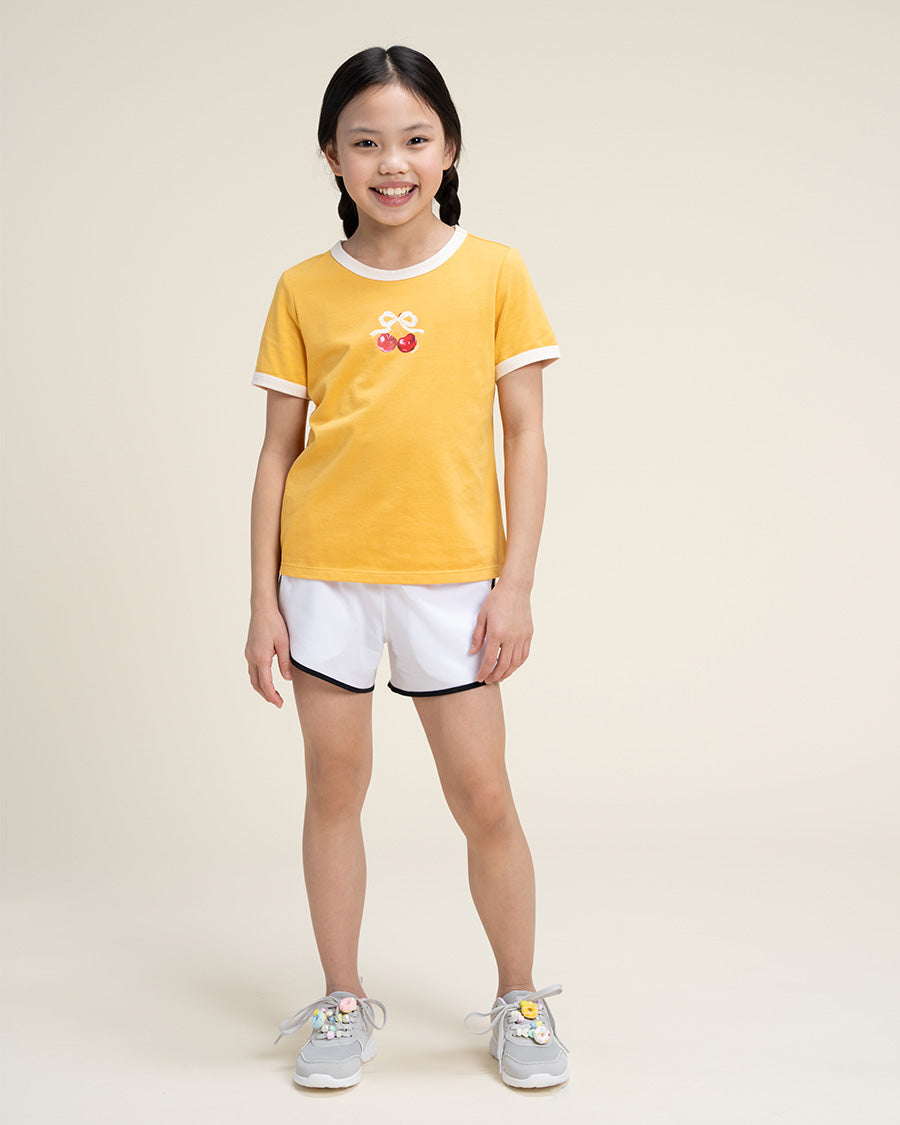 Yellow Kids Cherry Print Ringer Tee