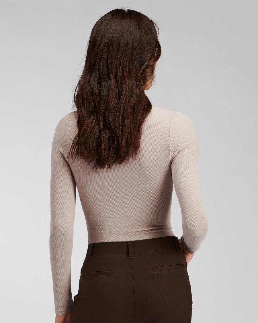 Desert Beige Long-Sleeve Ribbed Knit Henley | Slim Fit Top