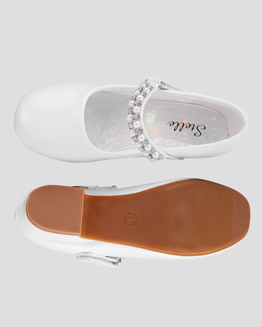 White Girls Pearl and diamond strap Low Heel Mary Jane