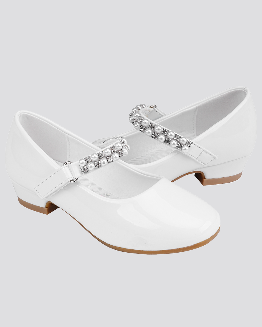 White Girls Pearl and diamond strap Low Heel Mary Jane