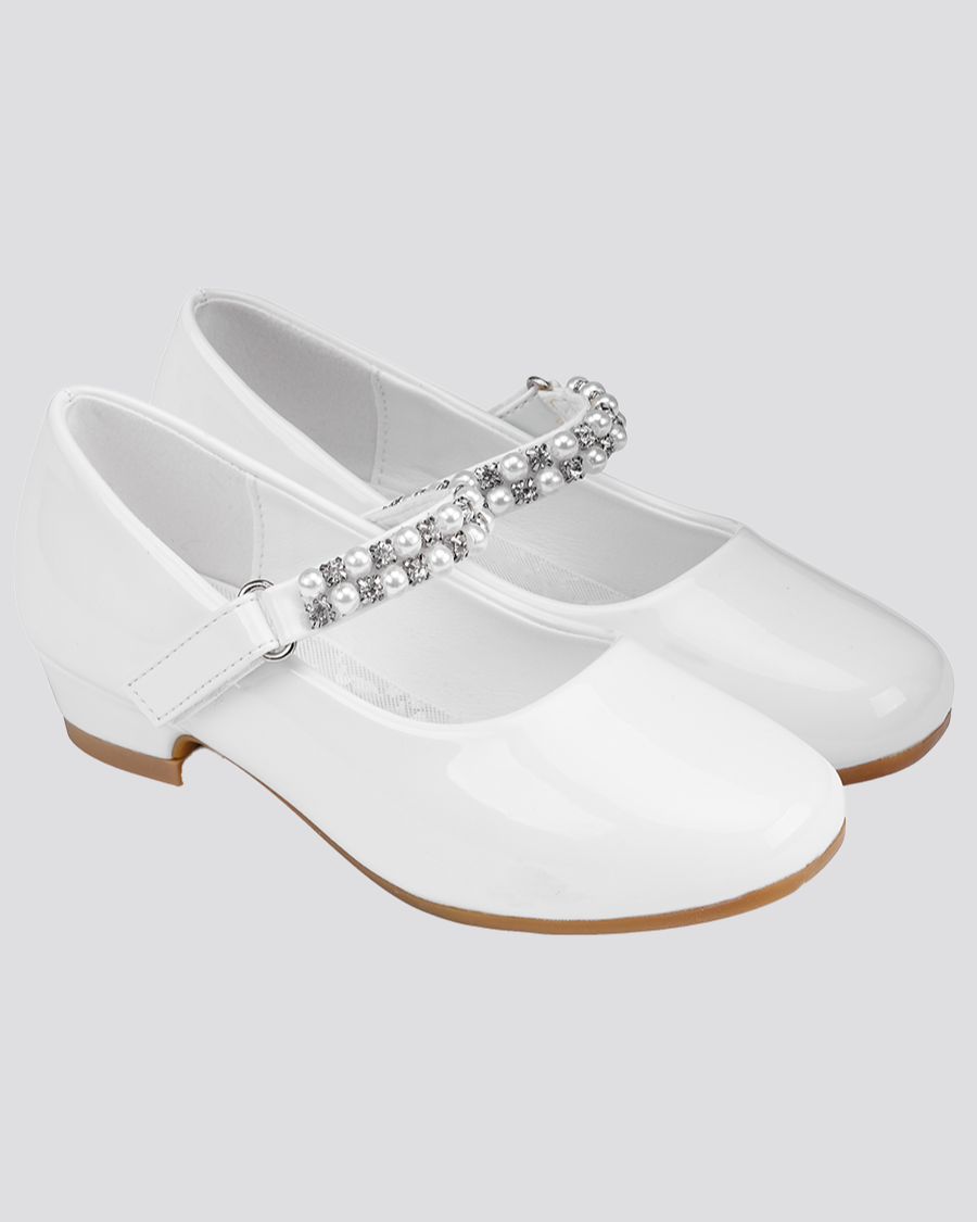 White Girls Pearl and diamond strap Low Heel Mary Jane