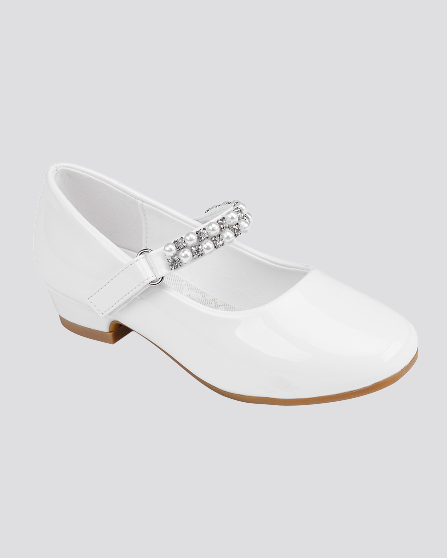 White Girls Pearl and diamond strap Low Heel Mary Jane