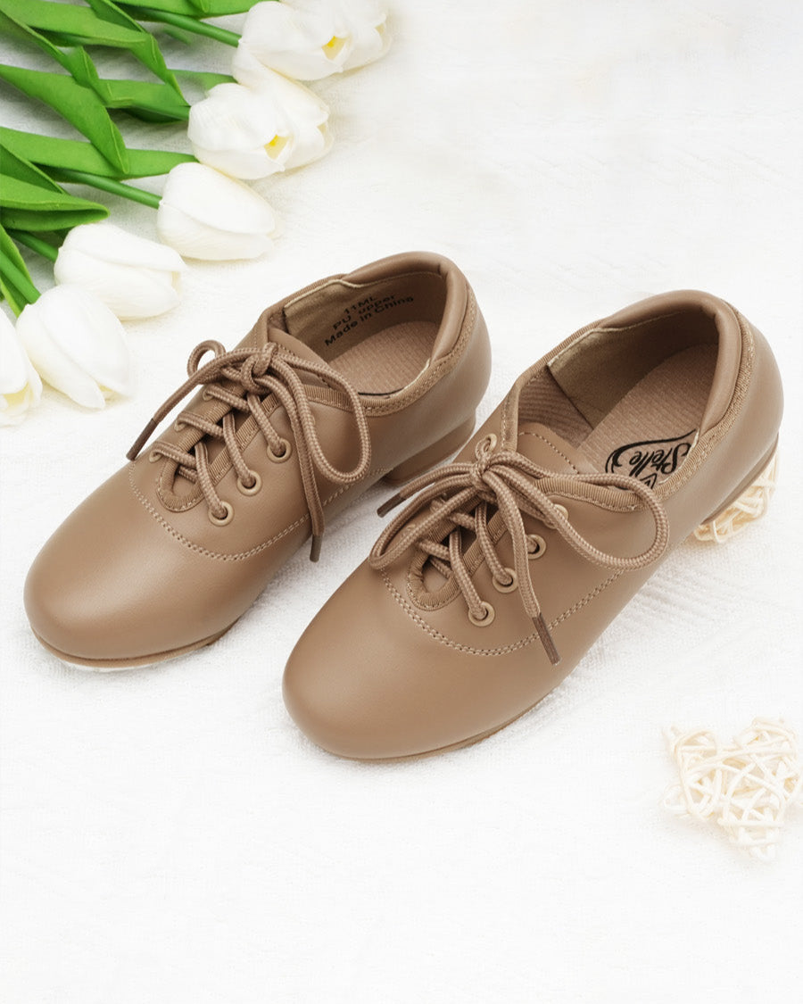 Tan Kids Lace Up PU Leather Tap Shoes