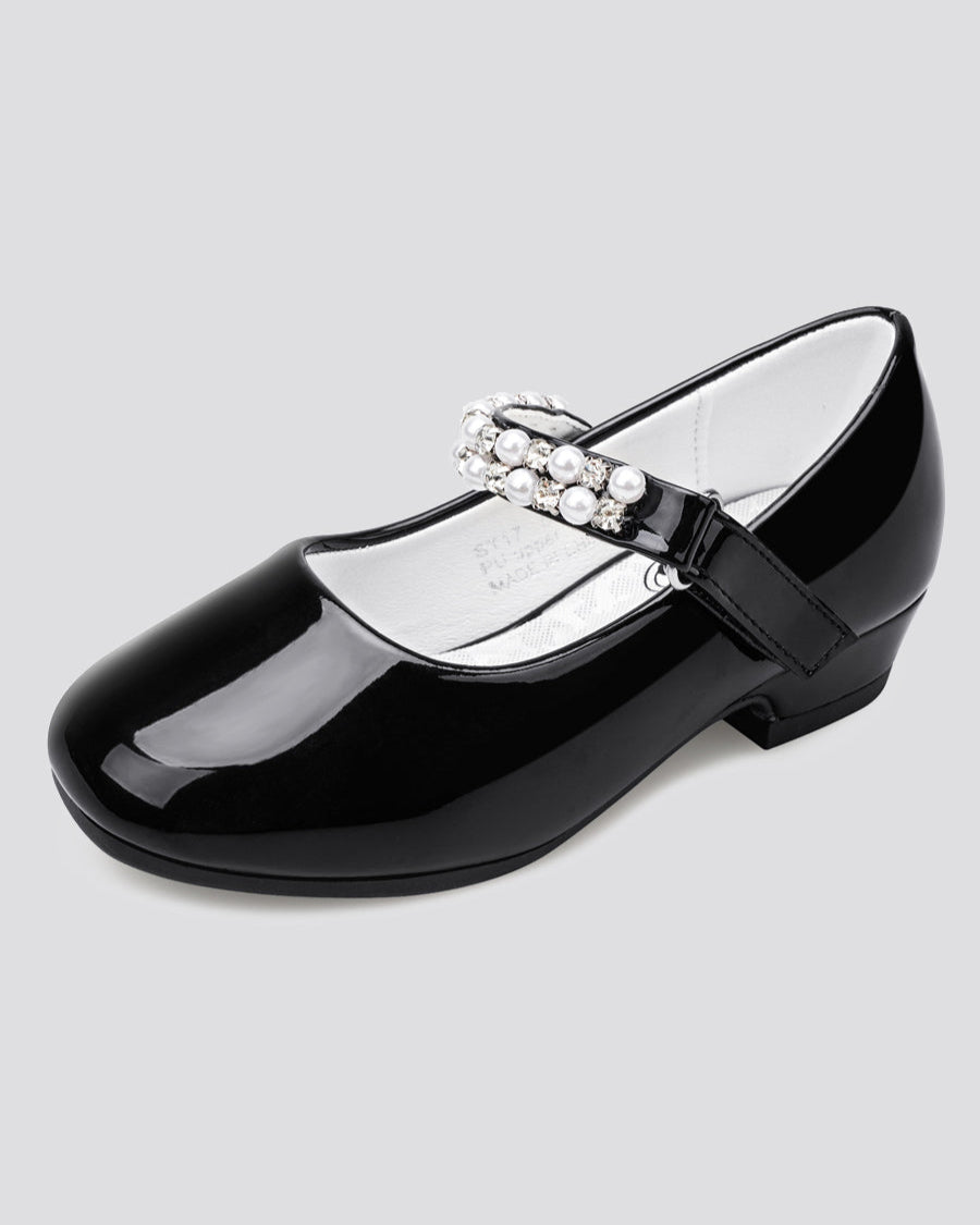 Black Girls Pearl and diamond strap Low Heel Mary Jane
