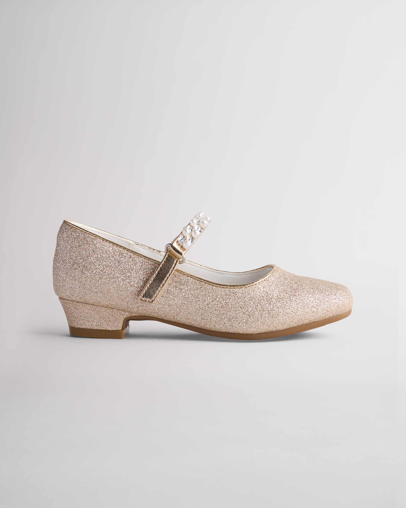 Gold girls mary jane shoes with pearl and diamond strap and low heel design