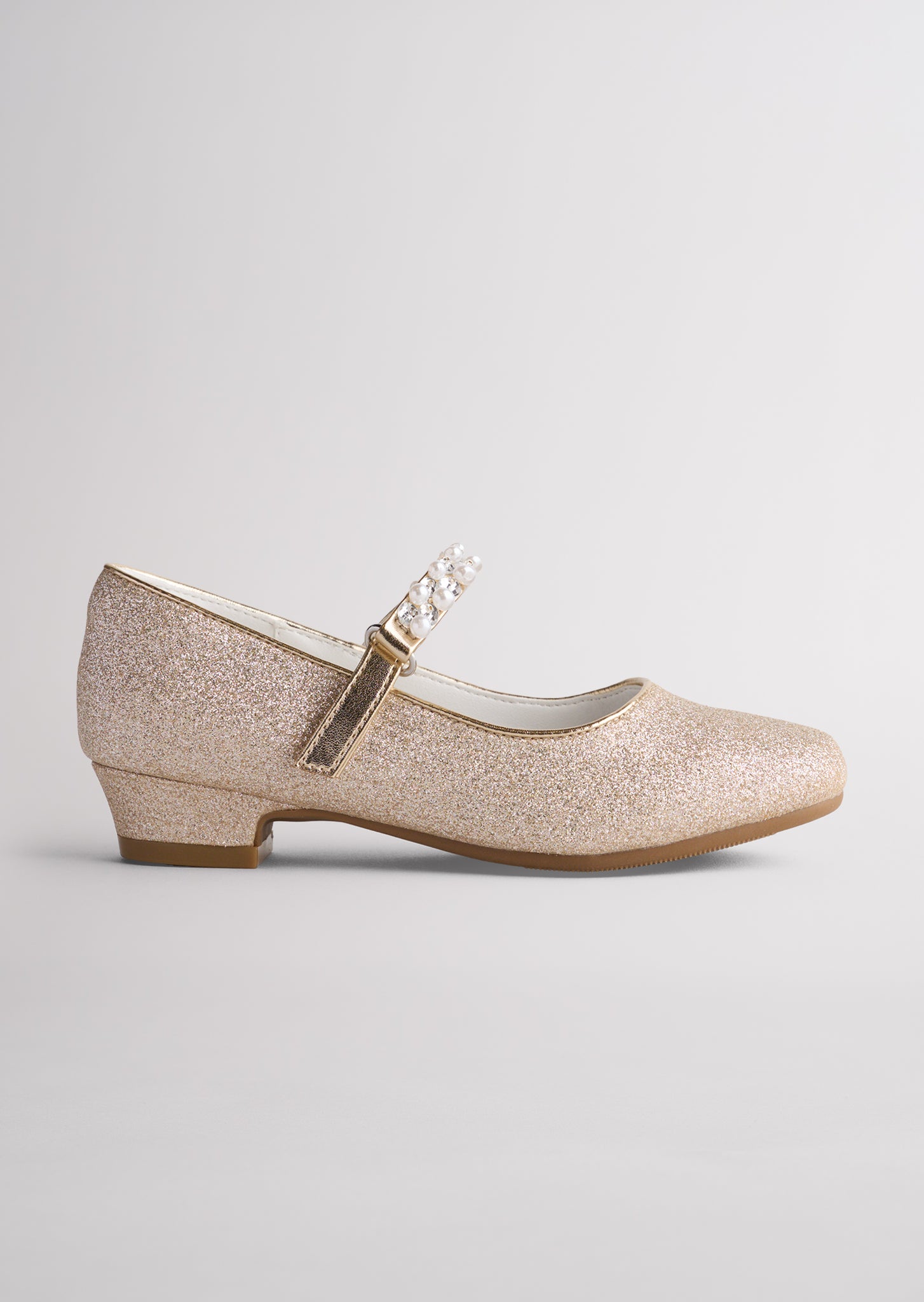 Gold girls mary jane shoes with pearl and diamond strap and low heel design