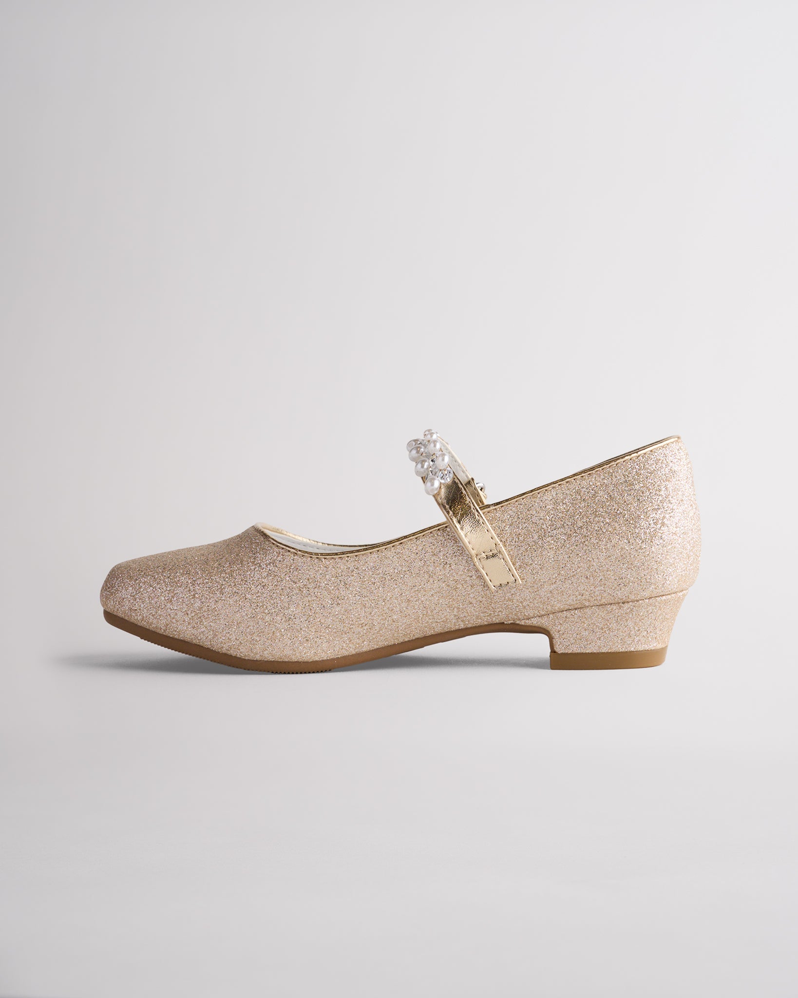 Girls mary jane dress shoes with decorative pearl strap and comfortable low heel