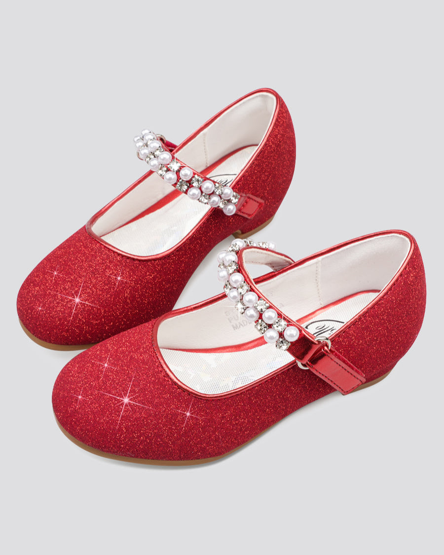 Red Girls Pearl and diamond strap Low Heel Mary Jane