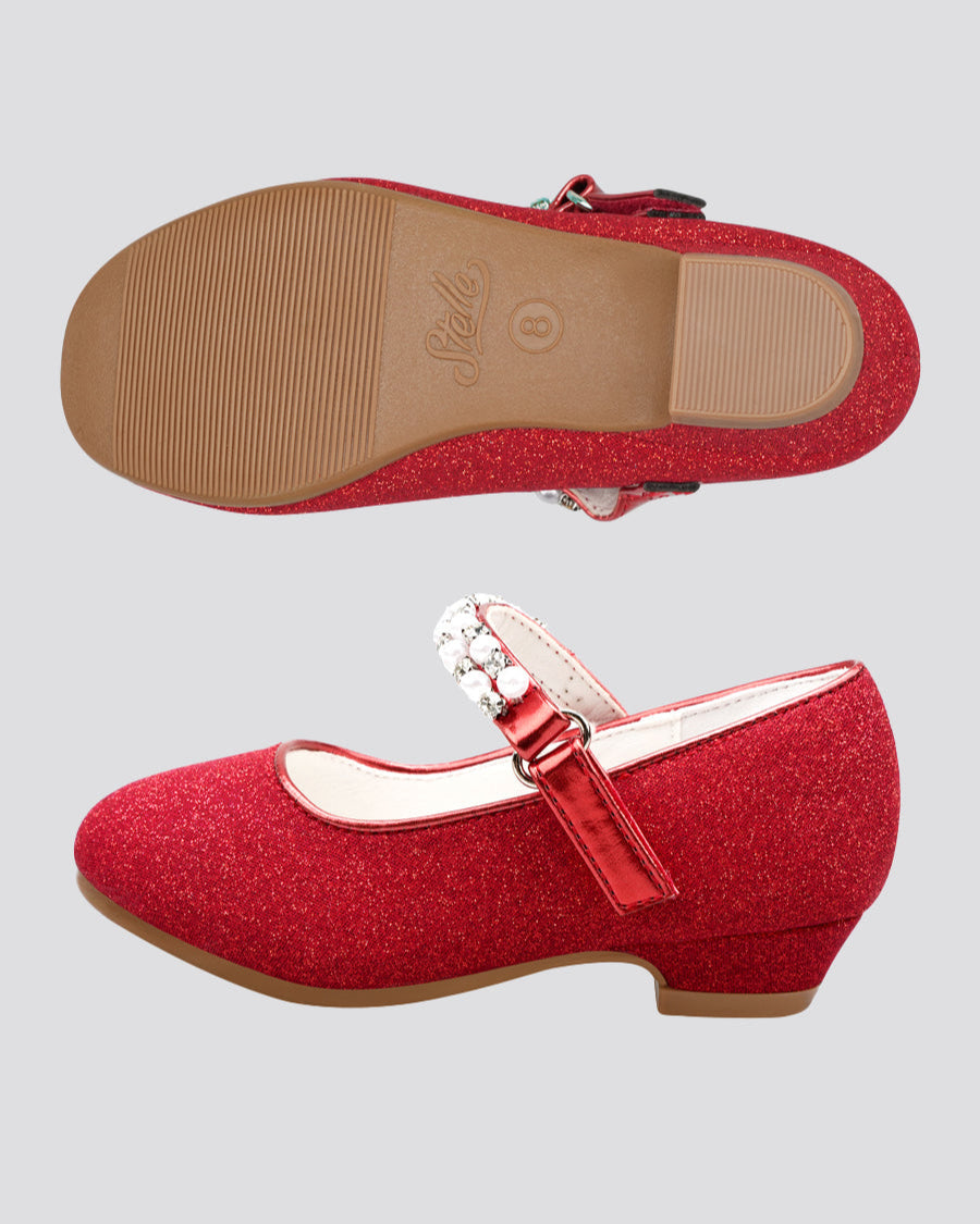 Red Girls Pearl and diamond strap Low Heel Mary Jane