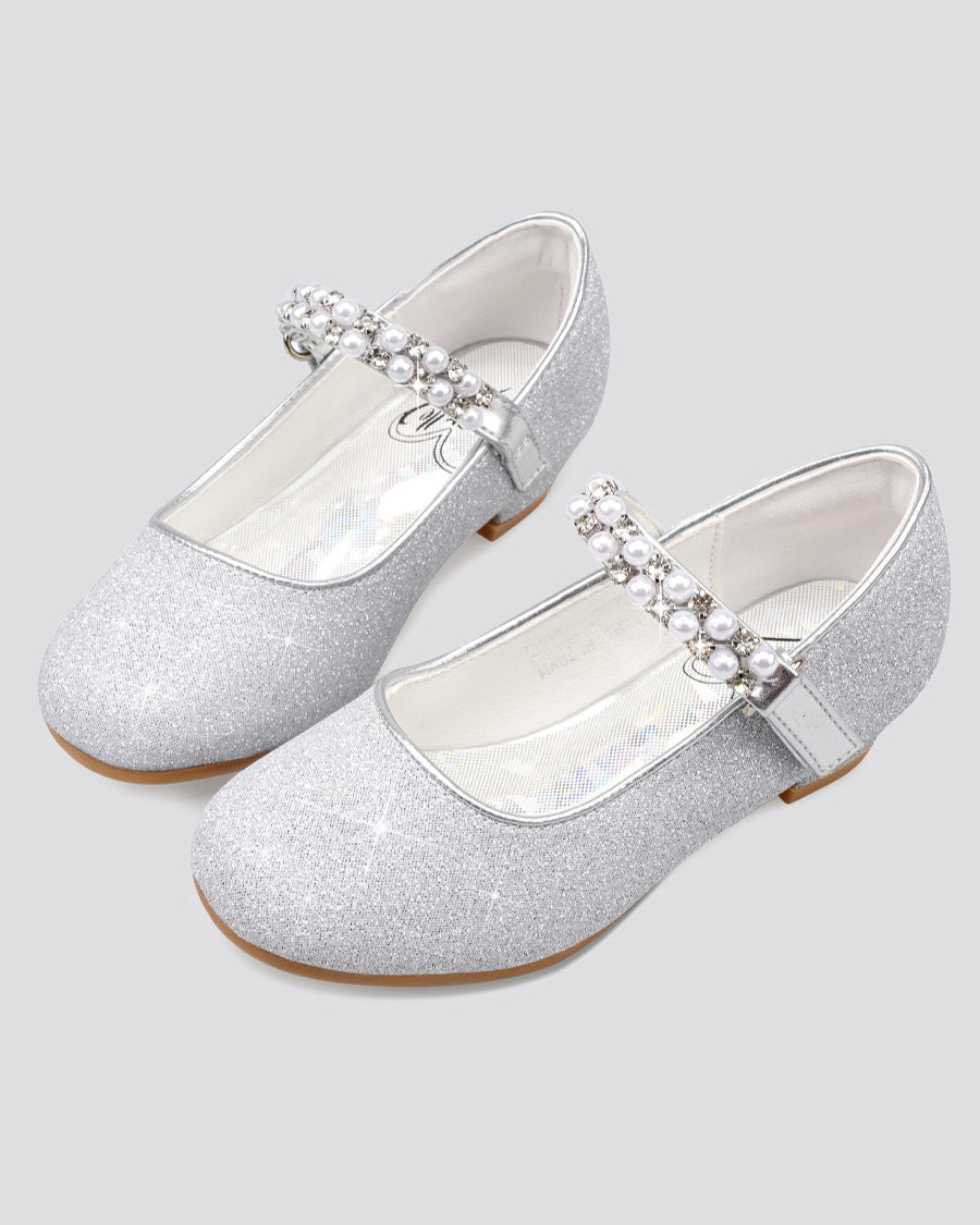 Silver Girls Pearl and diamond strap Low Heel Mary Jane