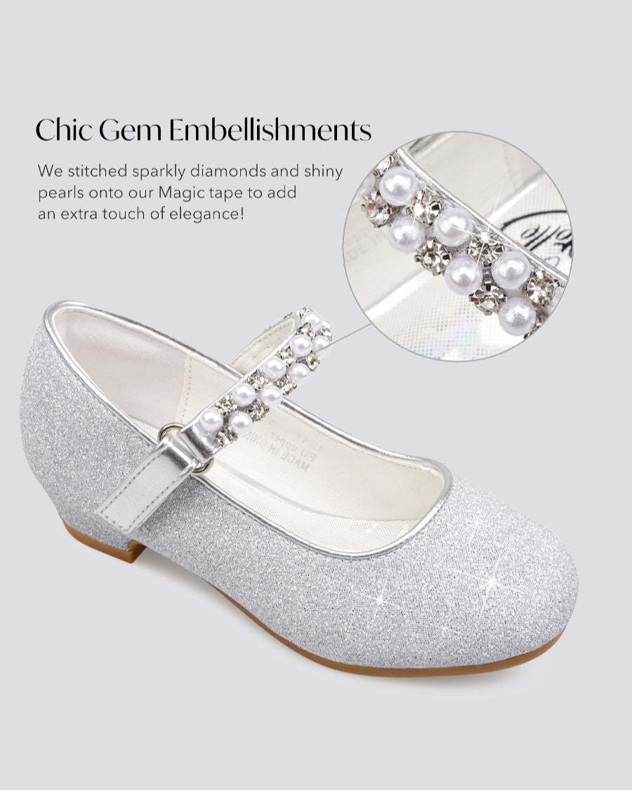 Silver Girls Pearl and diamond strap Low Heel Mary Jane
