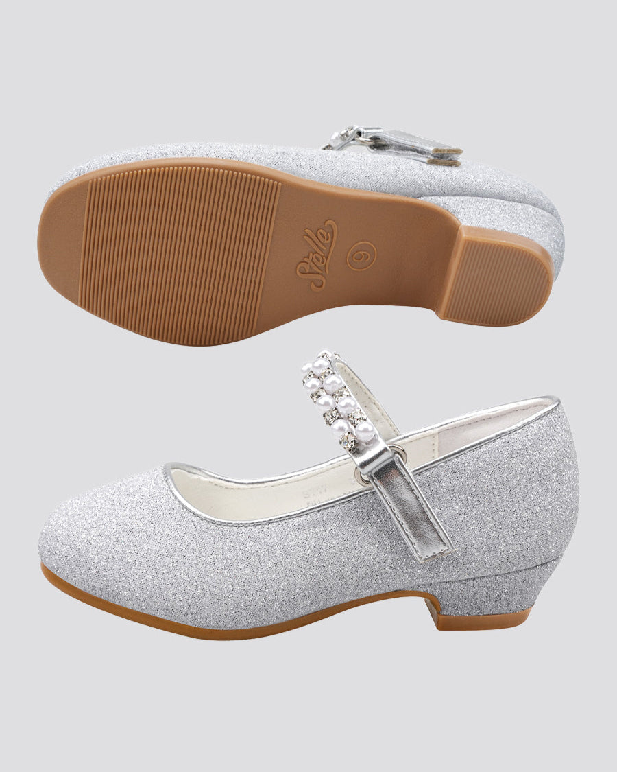 Silver Girls Pearl and diamond strap Low Heel Mary Jane