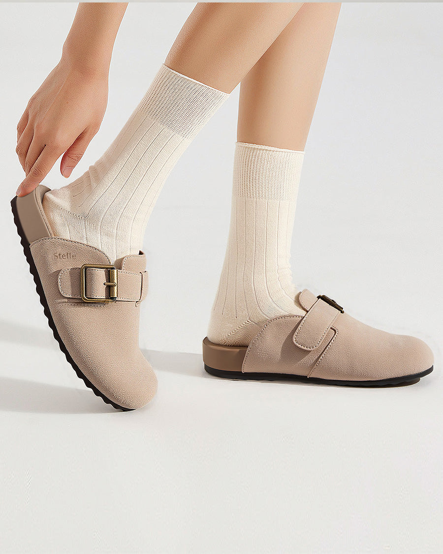 Taupe Square Buckle Suede Clogs