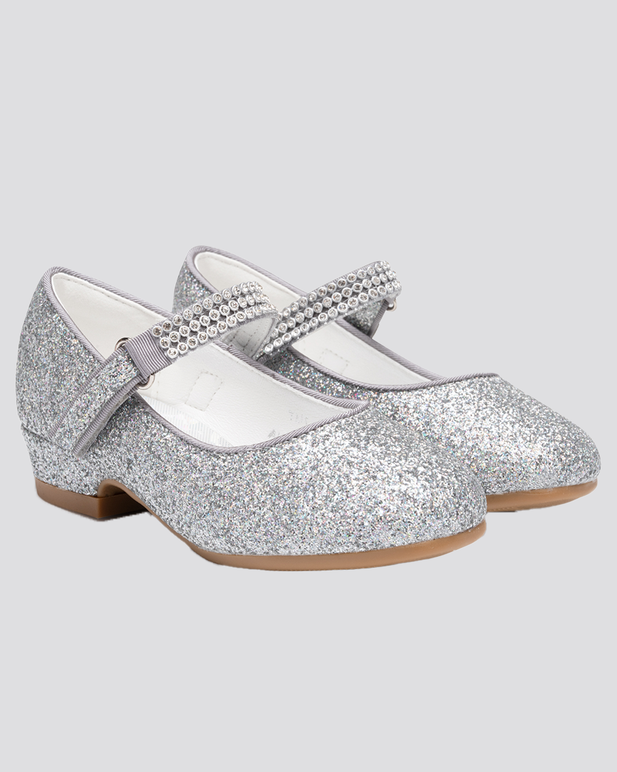 Silver Girls Low Heel Mary Jane Dress Shoes