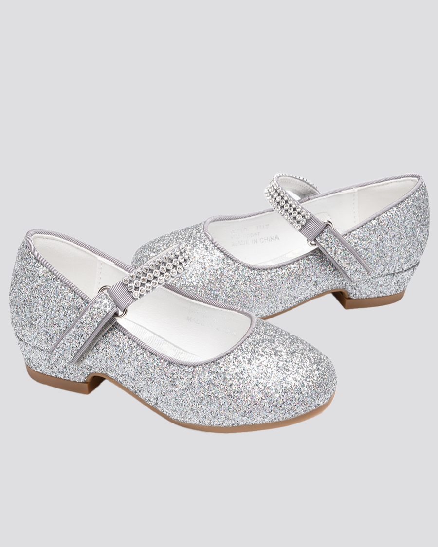 Silver Girls Low Heel Mary Jane Dress Shoes