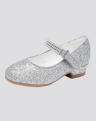 Silver Girls Low Heel Mary Jane Dress Shoes