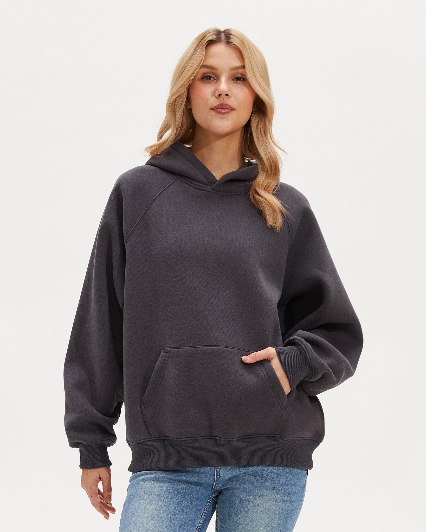 Women’s Oversized Raglan Sleeve Fleece Hoodie in Charcoal