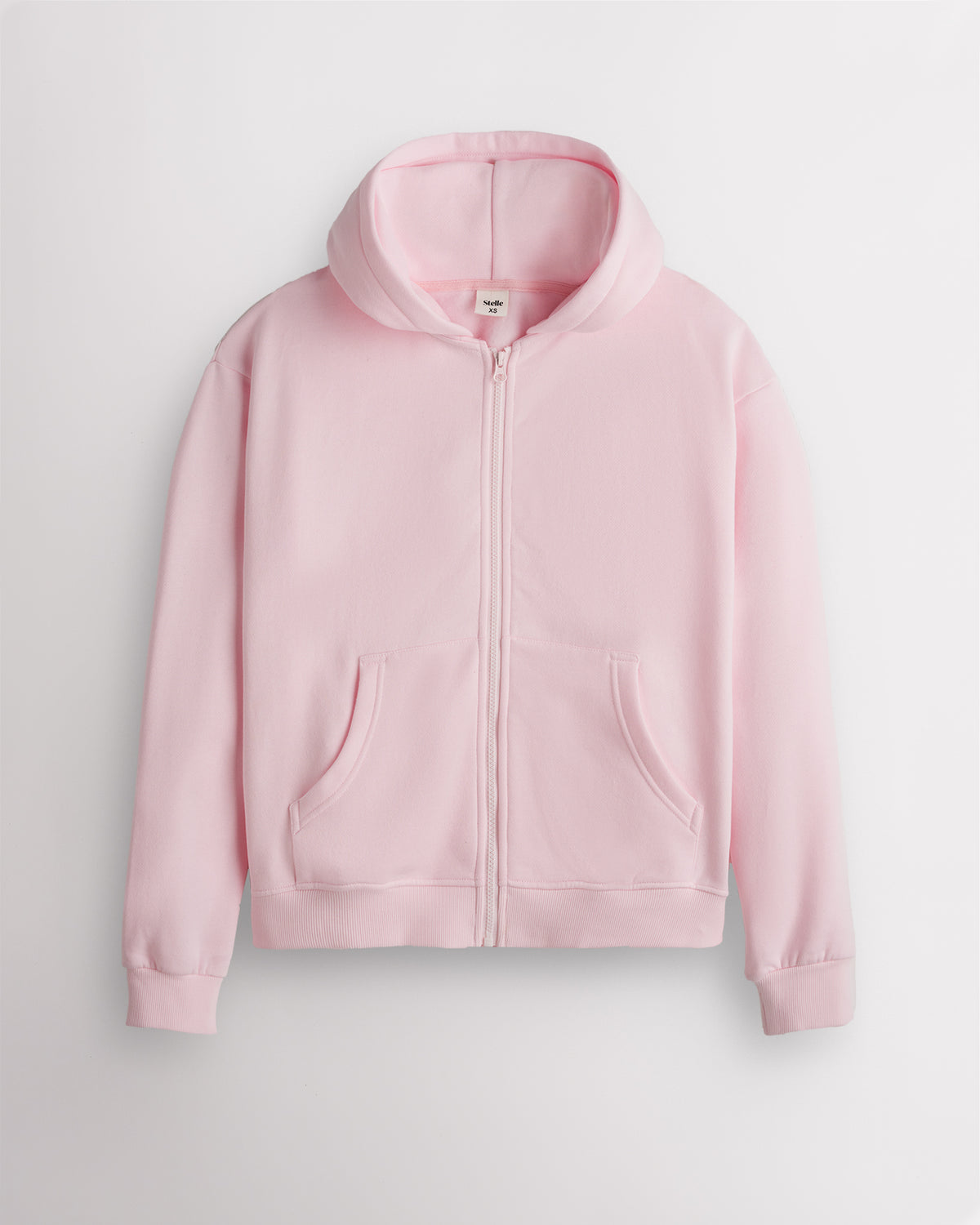 Soft pink Stelle women's fleece-lined zip-up hoodie shown flat, front view with the zip closed.