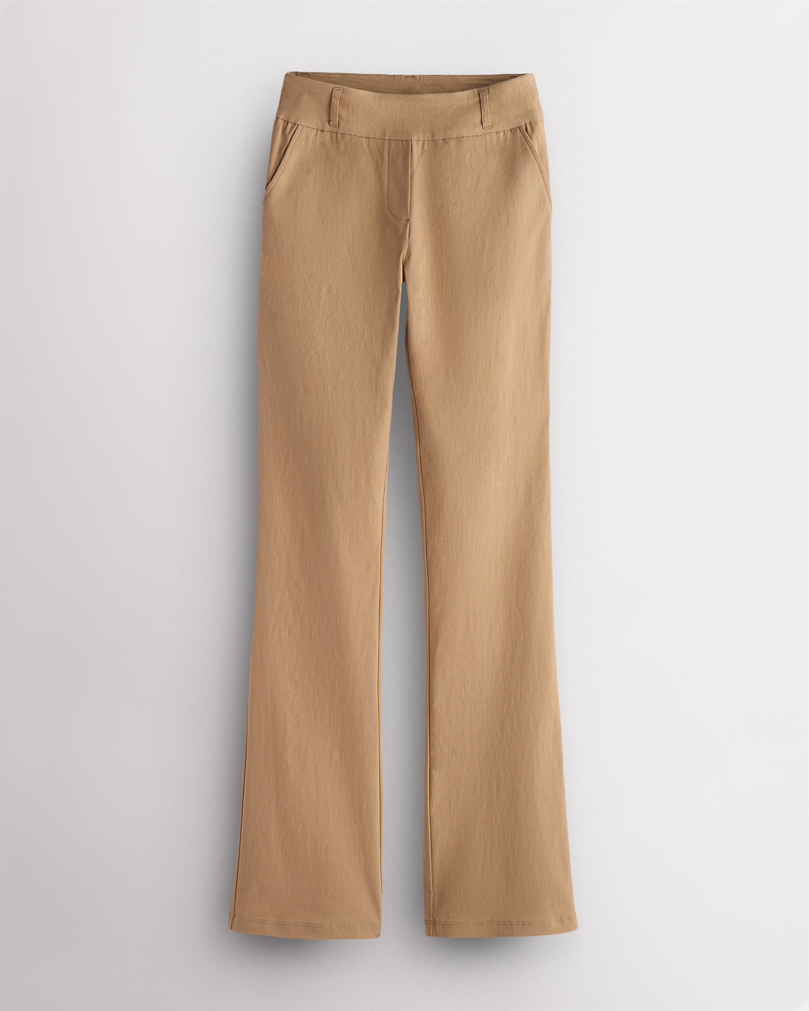 Dune Stelle mid-rise bootcut womens work pants with pull-on waistband, faux fly, front pockets, and leg-lengthening bootcut silhouette.